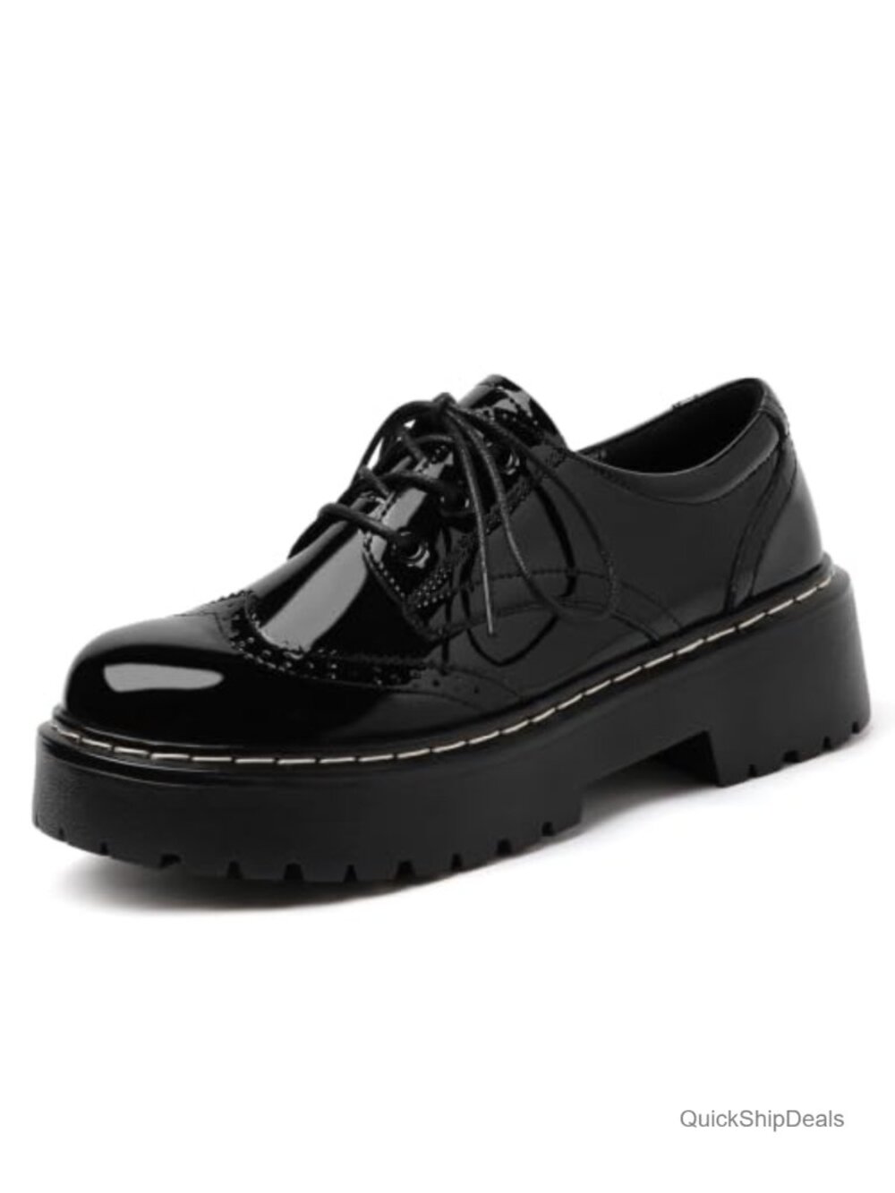 Women's Leather Platform Oxfords Lace Up Chunky Brogue Shoes